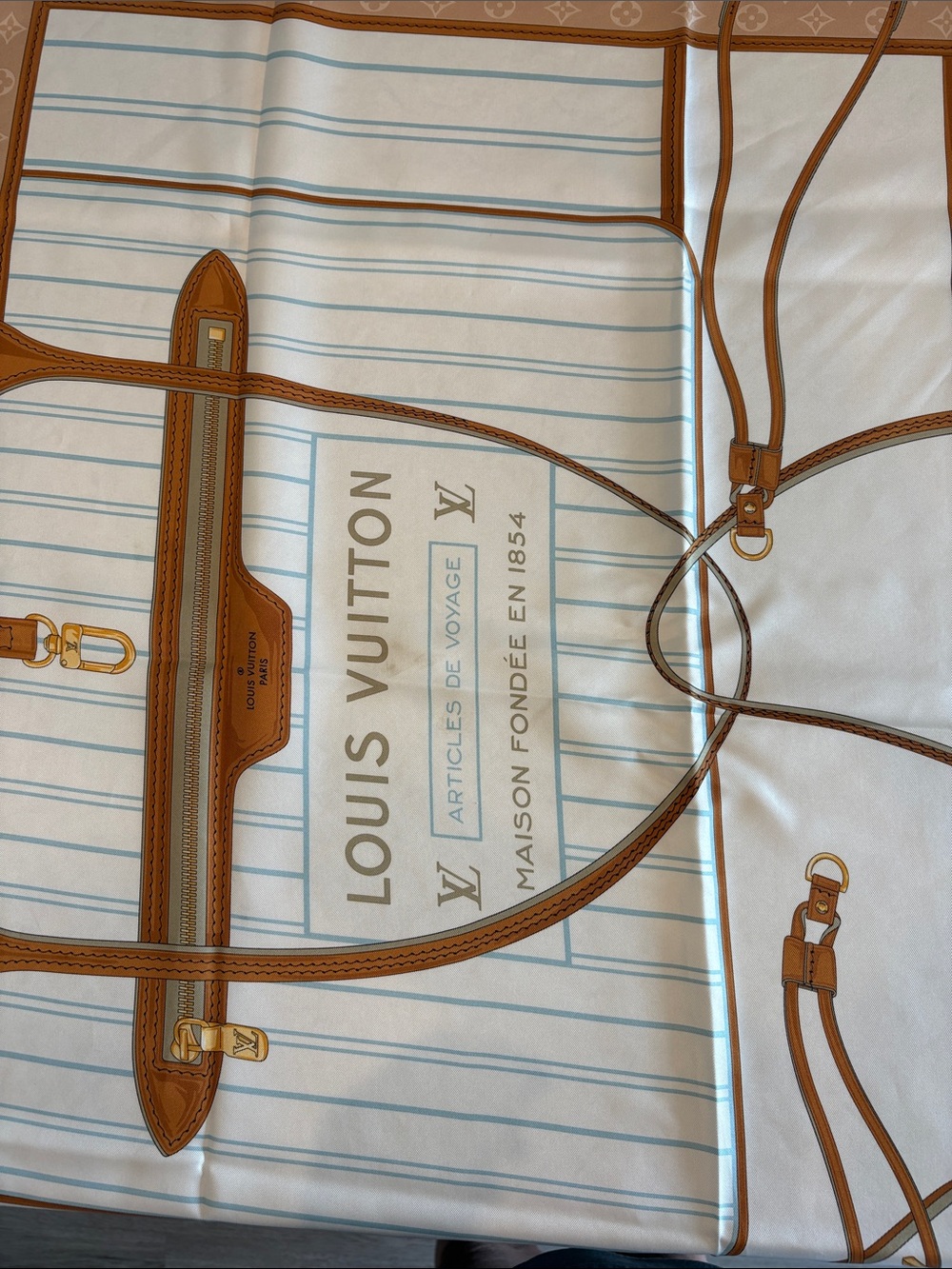 Louis Vuitton White & Tan Graphic Scarf with Blue Accents